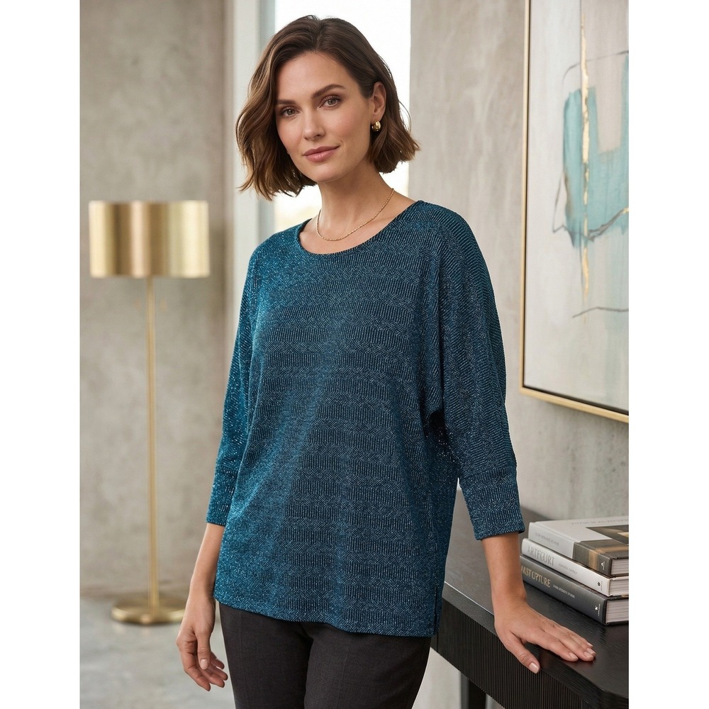 Alfani Woman Metallic Knit Stripe Dolman Sleeve Top Plus Size 1X Teal Vacation‎